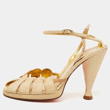 Pre Owned Fendi Beige Snakeskin Leather Ankle Strap Sandals Size 36