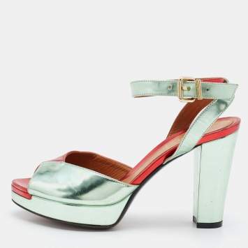 Pre Owned Fendi Two Tone Foil Leather Platform Ankle Strap Sandals Size 36.5