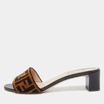 Pre Owned Fendi Brown Velvet  FF Logo Slide Sandals Size 39