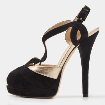Pre Owned Fendi Black Leather and Suede Platform Ankle Strap Sandals Size 38