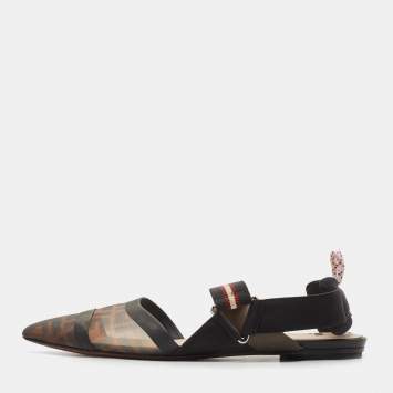 مملوكة مسبقًا Fendi Black/Brown Zucca Mesh and Fabric Colibri Slingback Flats Size 38