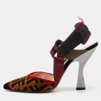 Pre Owned Fendi Multicolor Zucca Velvet and Canvas Colibri Slingback Pumps Size 38