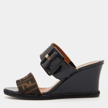 Pre Owned Fendi Brown/Black Zucca Canvas and Patent Leather Demi Wedge Sandals Size 38