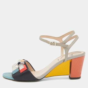 مملوكة مسبقًا Fendi Multicolor Leather and Embossed Lizard Fantasia Studded Ankle Strap Sandals Size 37.5 