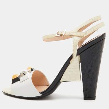 Pre Owned Fendi White/Cream Leather and Lizard Embossed Studded Fantasia Ankle Strap Sandals Size 39