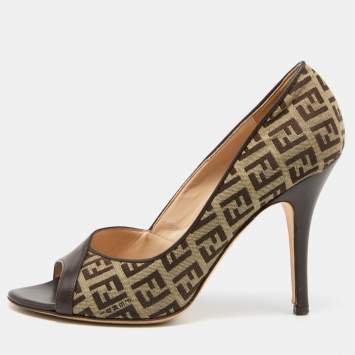 Pre Owned Fendi Brown Zucchino Fabric and Leather Peep Toe Pumps Size 35