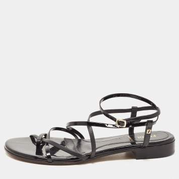 Pre Owned Fendi Black Patent and Leather Strappy Flat Sandals Size 38.5