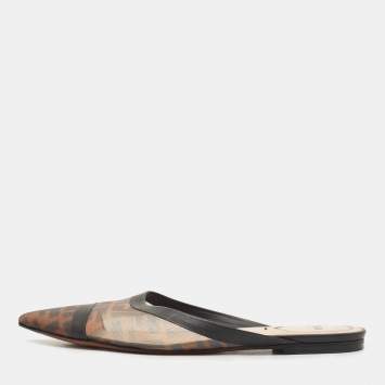 Pre Owned Fendi Tobacco FF Logo Print Mesh Colibri Flat Mules Size 38