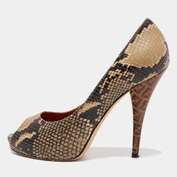 Pre Owned Fendi Brown Python Embossed Leather Peep Toe Pumps Size 39.5