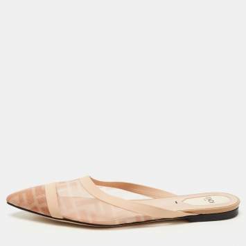 Pre Owned Fendi Two Tone Zucca Mesh and Leather Colibri Flat Mules Size 38