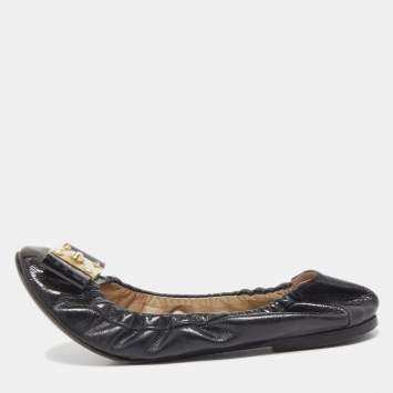 Pre Owned Fendi Black Patent Leather Bow Detail Scrunch Ballet Flats Size 37