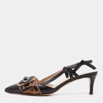 Pre Owned Fendi Brown/Black Leather Slingback Pumps Size 37