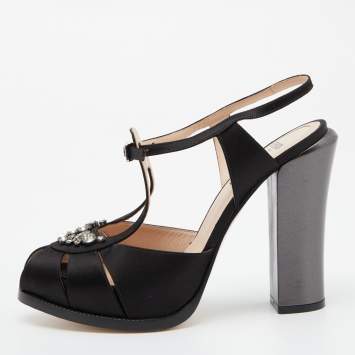 Pre Owned Fendi Black/Metallic Satin and Leather Platform Block Heel Sandals Size 39