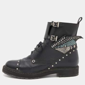 Pre Owned Fendi Black Leather Embellished Buckle Ankle Boots Size 39