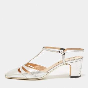Pre Owned Fendi Silver Leather T-Strap Pumps Size 36