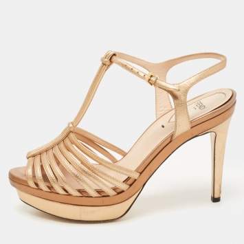 Pre Owned Fendi Metallic Leather T-Bar Platform Strappy Sandals Size 37