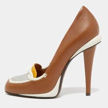 Pre Owned Fendi Brown/White Lizard Embossed Leather Loafer Pumps Size 38