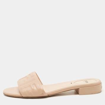 Pre Owned Fendi Beige Leather FF Flat Slides Size 39
