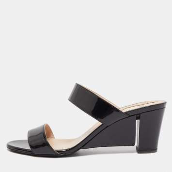 Pre Owned Fendi Black Patent Leather Wedge Slide Sandals Size 41