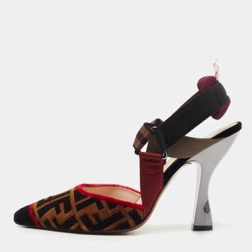 Pre Owned Fendi Tricolor Zucca Velvet Colibri Slingback Pumps Size 40