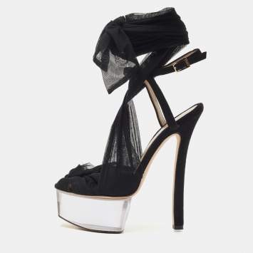 Pre Owned Fendi Black Lace Fabric and Suede Ankle Tie Platform Sandals Size 37.5