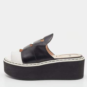Pre Owned Fendi Black/White Leather Wedge Platform Slide Sandals Size 36