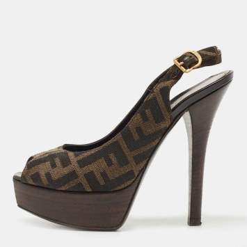 Pre Owned Fendi Tobacco Zucca Canvas FF Slingback Peep Toe  Pumps Size 37.5