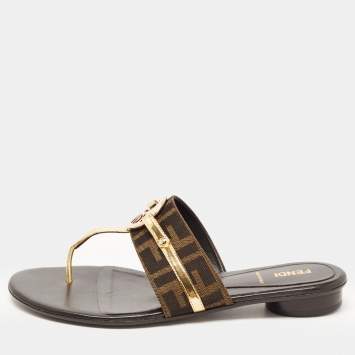 Pre Owned Fendi Brown/Gold Zucca Canvas and Patent Leather Buckle Thong Slide Flats Size 39
