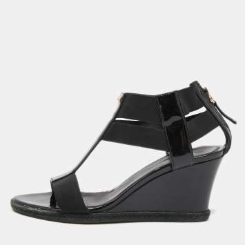 Pre Owned Fendi Black Patent Leather and Elastic T-Strap Espadrille Wedge Sandals Size 36