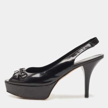 Pre Owned Fendi Black Leather Bow  Peep Toe  Platform Slingback  Pumps Size 41