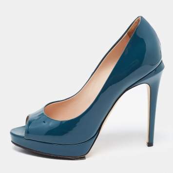 Pre Owned Fendi Teal Patent Leather Peep Toe Platform Pumps Size 36