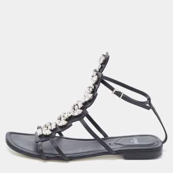 Pre Owned Fendi Black Leather Crystal Embellished Strappy Ankle Strap Flat Sandals Size 37.5