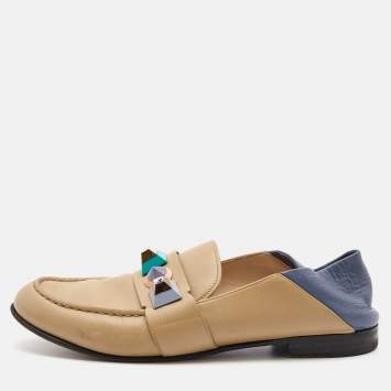 Pre Owned Fendi Brown/Blue Leather Studded Loafers Size 39