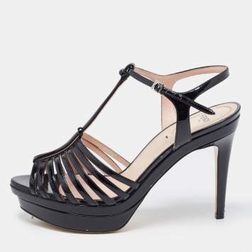 Pre Owned Fendi Black Patent Leather T Strap Platform Sandals Size 37