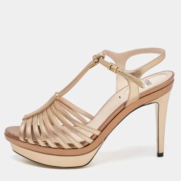 Pre Owned Fendi Metallic Leather Strappy T-Bar Platform Sandals Size 37