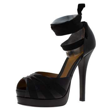 Pre Owned Fendi Black Leather Platform Ankle Strap Pumps Size 37