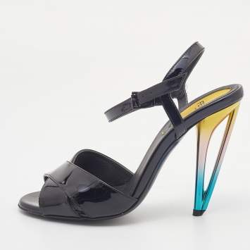 Pre Owned Fendi Black Patent Leather Ankle Strap Sandals Size 36.5