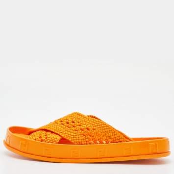 Pre Owned Fendi Orange Nylon and Patent Leather Forever Cross Reflections Slide Flats Size 38.5