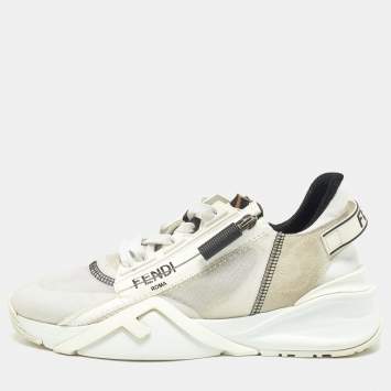 Pre Owned Fendi White/Grey Suede, Mesh and Patent Leather Flow Sneakers Size 37