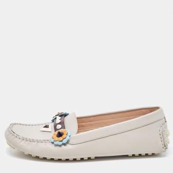 Pre Owned Fendi Grey Leather Studded Flowerland Loafers Size 39.5