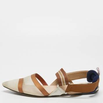 مملوكة مسبقًا Fendi Beige/Brown Canvas and Mesh Colibri Slingback Flats Size 39