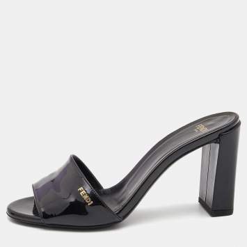 Pre Owned Fendi Black Patent Leather Logo Detail Block Heel Sandals Size 37.5