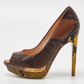 Pre Owned Fendi Multicolor Python Embossed Leather Peep Toe Platform Pumps Size 35