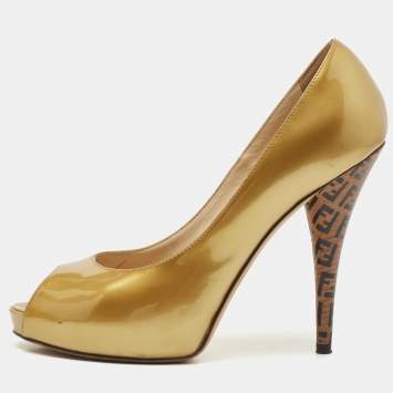 Pre Owned Fendi Gold Patent Leather Zucca Heel Peep Toe Pumps Size 39.5
