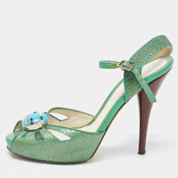 Pre Owned Fendi Green  Python Embossed Leather Slingback Sandals Size 39