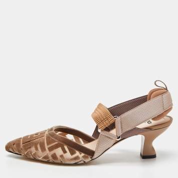 Pre Owned Fendi Beige Zucca Velvet Colibri Forever Logo Slingback Pumps Size 38