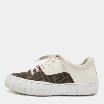 Pre Owned Fendi White/Brown FF Canvas and Leather Motif Lace Up Sneakers Size 39