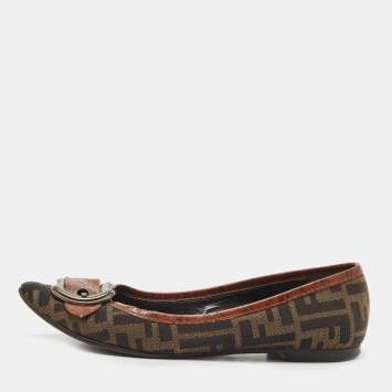 مملوكة مسبقًا Fendi Brown Zucca Canvas And Croc Embossed Leather Buckle Detail Ballet Flats Size 39