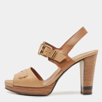 Pre Owned Fendi Beige Leather Ankle Strap Platform Sandals Size 40