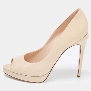 Pre Owned Fendi Beige Patent Leather Peep Toe Pumps Size 39